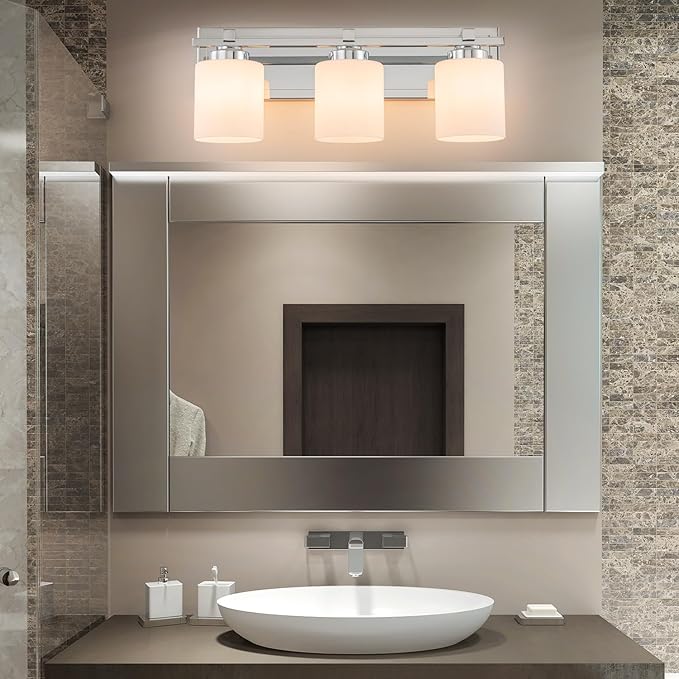 3 Light Modern Bathroom Light Fixtures Over Mirror, Chrome Vanity Lights for Bathroom Wall Sconces with Milky White Glass Shades, E26 Socket (Bulbs Not Included)