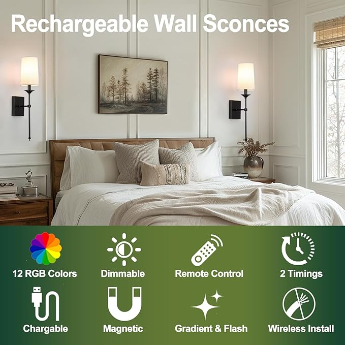 TERLEENART Rechargeable Battery Operated Wall Sconces Set of 2,Easy to Install Cordless Wall Lamps with Bulbs and Remote, Dimmable Black Wall Sconce for Living Room Decor