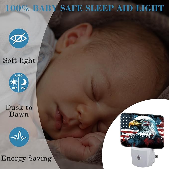 American Flag and Bald Eagle Night Light for Kids, USA Flag LED Night Light Plug into Wall with Dusk to Dawn Sensor for Girls Boys Women Men Bedroom, Hallway, Kitchen, Bathroom, Stairs Decor