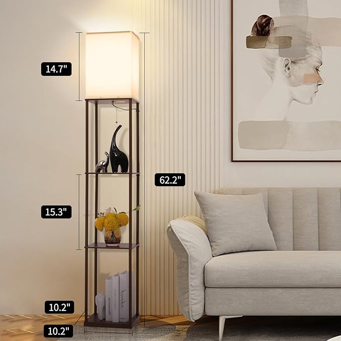 Floor Lamp with Shelves, with Modern Square Standing Lamp with Smart APP Control RGB Bulb, Corner Display Bookshelf Lamp for Living Room, Bedroom and Office(brown-9RGB)