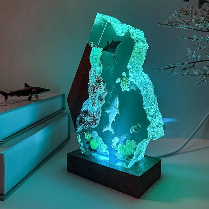 Great White Shark Ocean Resin Lamp, Handmade Resin Night Light for Home Office Decor, Multi-Color LED Light with USB Port, Shark Gifts for Birthday Holiday, Valentine's Day Gifts for Him Kids (9"x6")