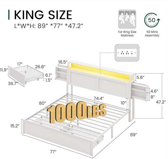 LARMACE King Size Bed Frame with Charging Station and LED Lights Wooden Platform Bed Frame with Storage Drawers and Ergonomic Headboard,2-Tier Hidden Storage,No Box Spring Needed,Easy Assembly,White