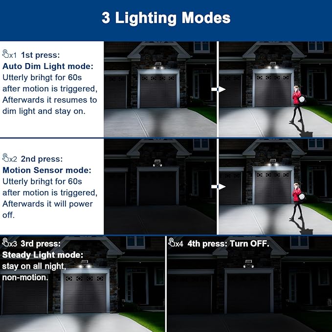 EMANER Solar Motion Sensor Light Outdoor, Motion Detect On/Off or Stay On, 5000mAh Spotlights Dusk to Dawn, Wall Mount or Pole Stake in Ground Solar Security Flood Light for Patio Yard Garden, 1Pack