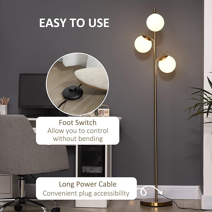 HOMCOM 3-Light Modern Floor Lamp for Living Room Bright Lighting, Tree Standing Lamp for Bedroom with Globe Lampshades, Steel Base, Cute Lamp, Bulb not Included, Gold