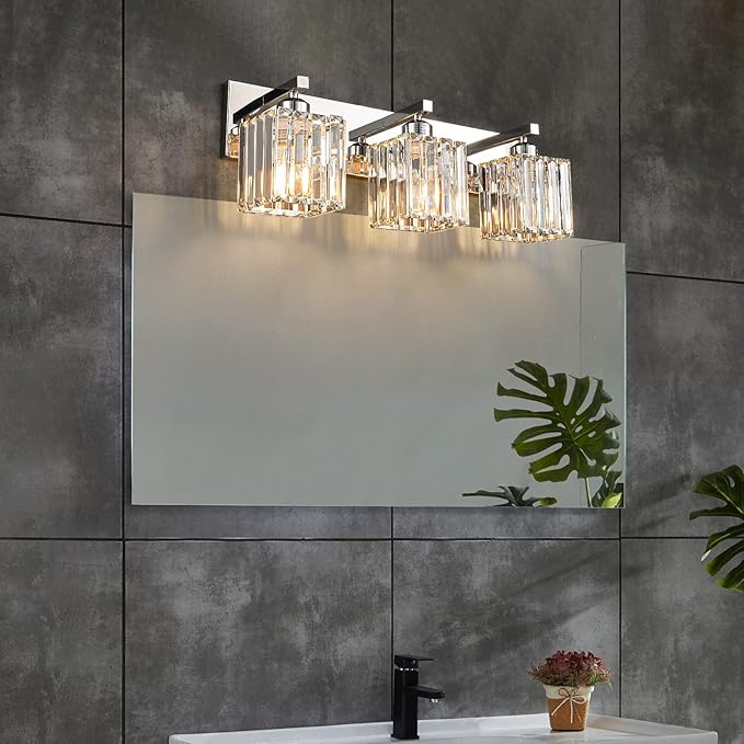 Modern Bathroom Vanity Light 3-Lights Chrome Crystal Bathroom Wall Light Vanity Light Fixtures，20.47-inch Modern Minimalist Design