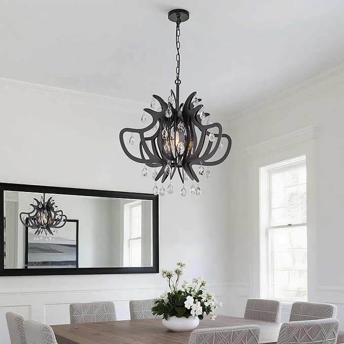 TOCHIC Black Chandelier, 24" Modern Farmhouse Crystal Chandeliers for Dining Room, Mid Century Metal Ceiling Light Fixture for Bedroom, Entryway, Living Room, Kitchen Island, Foyer