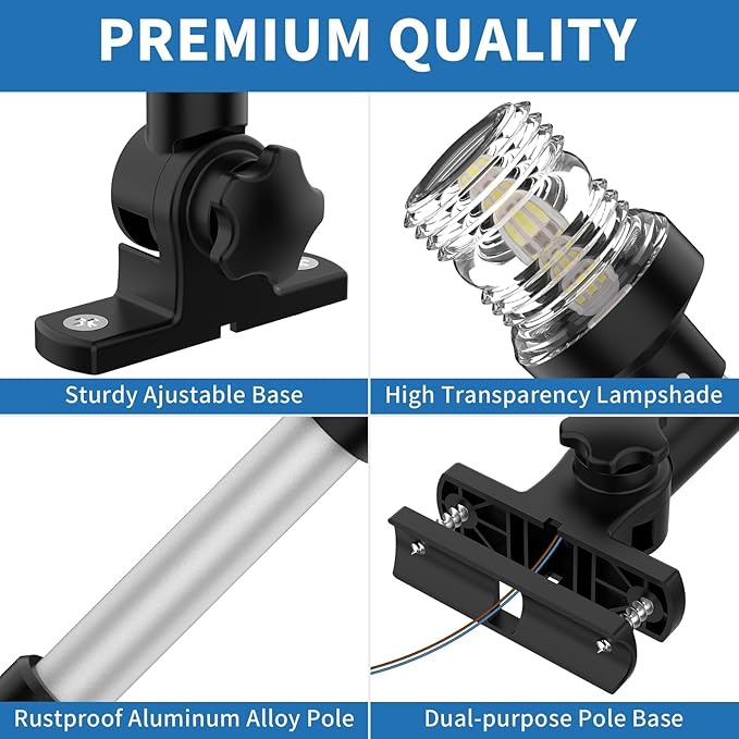 Obcursco Boat Stern Lights, 2NM 360° LED Anchor Light, IP67 Waterproof Bimini Top Lighting, Fold-Down White Navigation Lighting for Pontoon, Marine, Yacht, and Fishing Boats(9'' Vertical Swing)