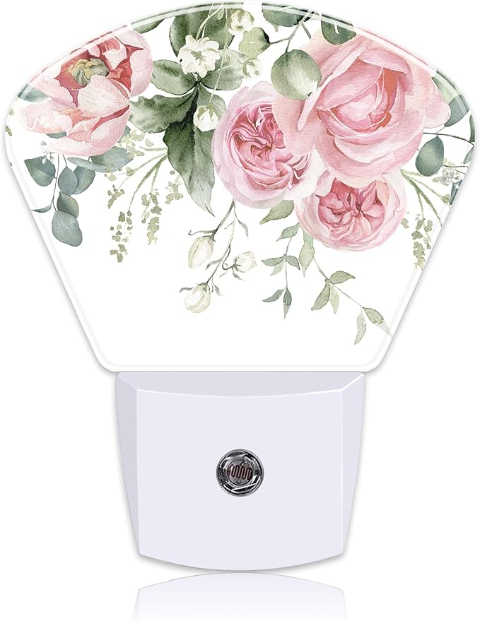 Watercolor Pink Flowers Night Light Plug into Wall, Pink Roses Night Light with Dusk to Dawn Sensor for Kid Girls Boys Women Men Room, Hallway, Kitchen, Bathroom, Stairs Decor