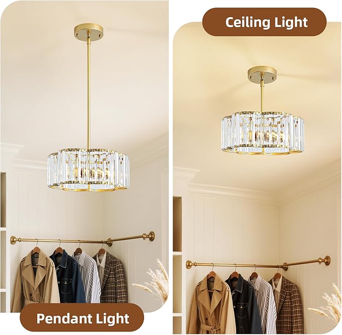 Small Gold Crystal Chandelier,3-Ligh Modern Dining Room Light Fixture Over Table,Round Kitchen Hallway Lighting Fixture, Semi Flush Mount Ceiling Pendant Light for Entryway Foyer， 12''