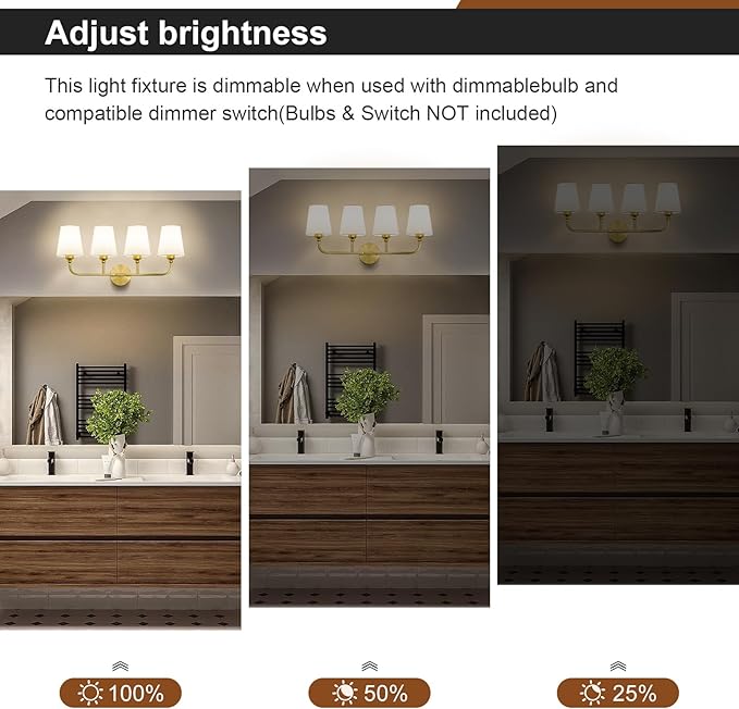 Brushed Gold Bathroom Light Fixtures, 4-Light Vanity Lights, Bathroom Lighting Fixtures Over Mirror with Flared White Fabric Shade,Modern Wall Sconce for Mirror Hallway Bedroom Living Room(ETL Listed)