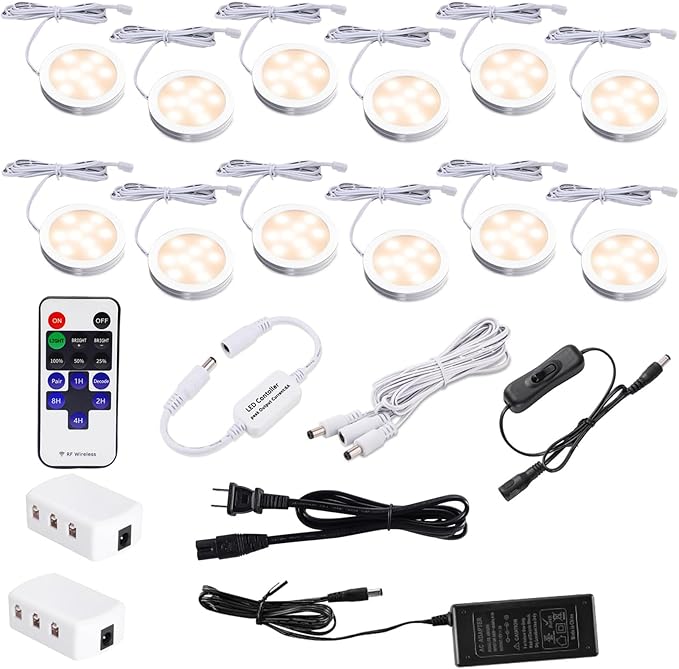 AIBOO Under Cabinet Lighting Kit, Plug in LED Puck Lights with Wireless Dimmable RF Remote Control,12v Stick on Lights for Kitchen Counter, Closet and Shelves(12 kit,Warm White)