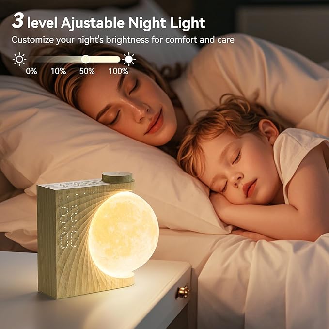 Rotatable Moonlight Alarm Clock, Sunrise Alarm Sleep Sound Machines, Night Lamp for Bedrooms with Snooze Function, 10 Light Effects, 30/60/90 Timer, 10 Sleep Nature Sounds, 15 Ringtones, 12 Volume