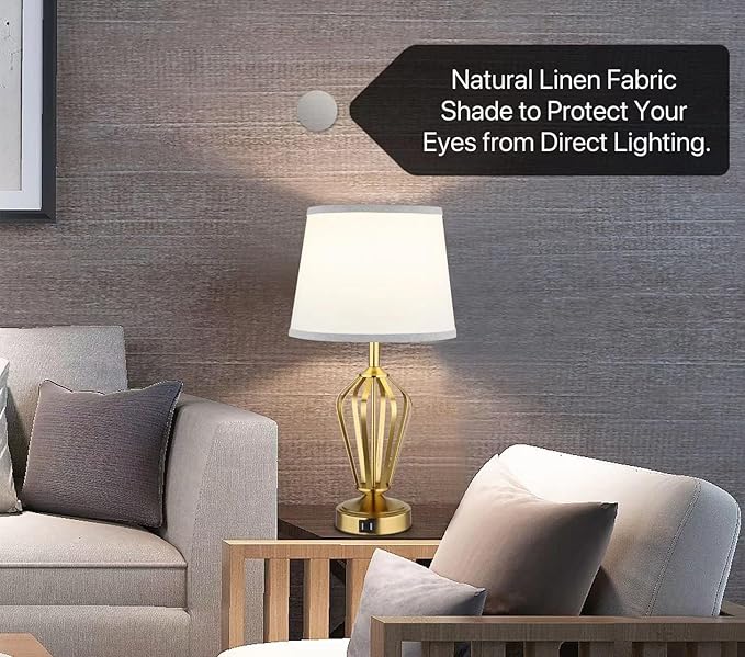 Touch Table Lamps Set of 2, nightstand lamp with USB Ports Bedside 3 Way Touch dimmer Desk lamp for Living Room Bedroom,Gold Plated Spiral cage Base Design Warm White dimmer Bulbs Included.