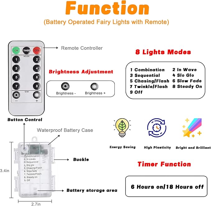 2 Pack 100LED Battery Operated Fairy Lights with Remote, 8 Modes LED String Lights with Timer, Dimmable, Memory Function, Waterproof Twinkle Lights for Outdoor Indoor Christmas Decor(Cool White)