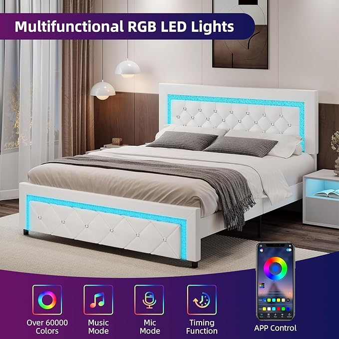 Queen Bed Frame with LED Lights, Upholstered Platform Bed with Diamond Tufted Headboard, No Box Spring Needed, Noise Free, Easy Assembly, White