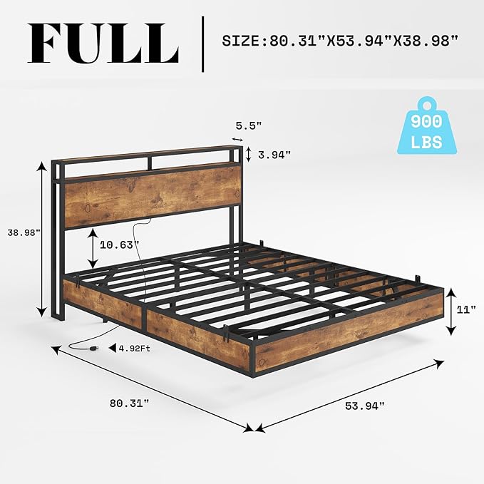 AMERLIFE Full Size Floating Bed Frame with 2-Tier Storage Headboard, Metal Bed Frame with Charging Station & LED Lights, No Box Spring Needed, Rustic Brown