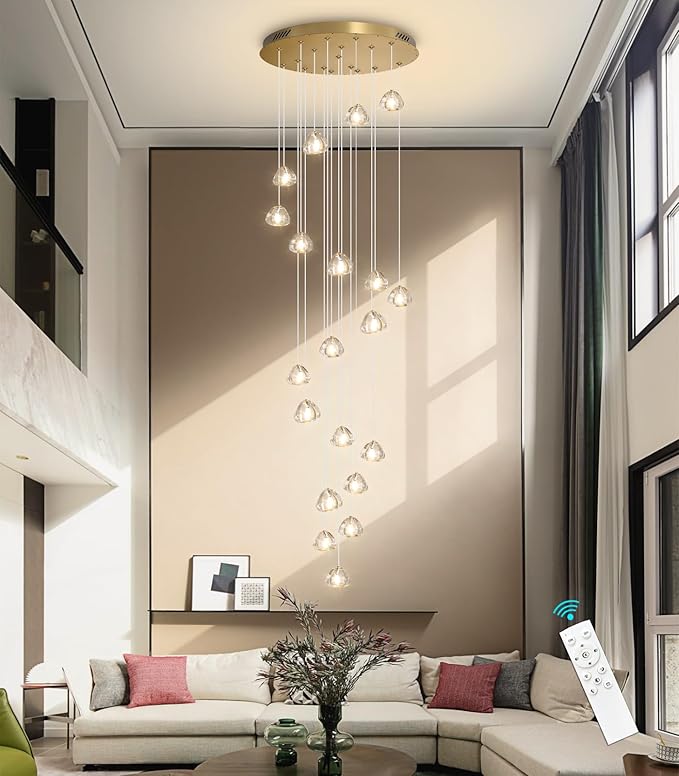 LED Glam Chandelier 138 inches Long Light Luxury Crystal Ceiling Chandeliers Remote Dimmable High Ceiling Pendants Lighting Fixtures Gold 20 Lights