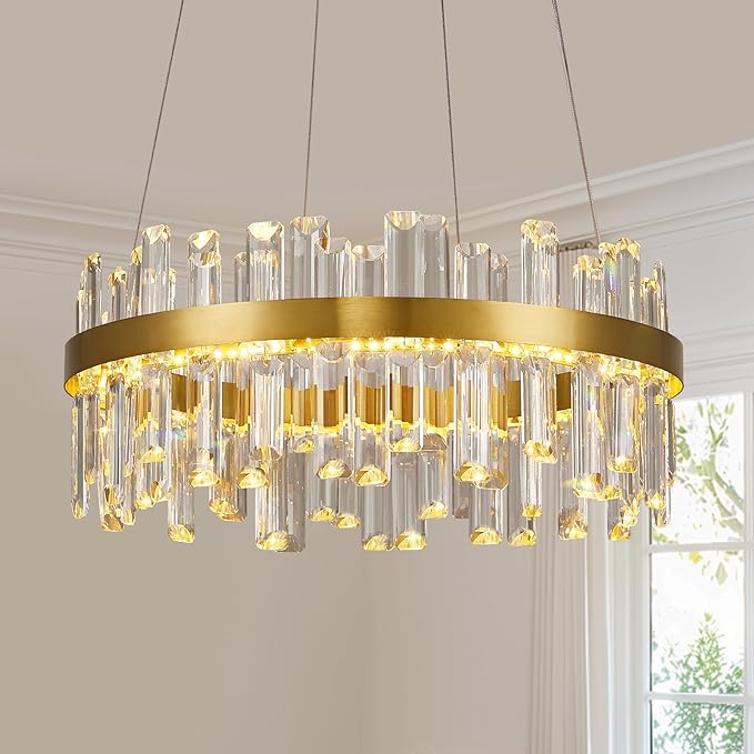 Modern Gold Crystal Led Chandelier: 19.7" Dimmable 3 Color Round Contemporary Dining Room Light Fixture over Table - K9 Adjustable Chandeliers Lighting for Bedroom Living Kitchen Island Entryway Foyer