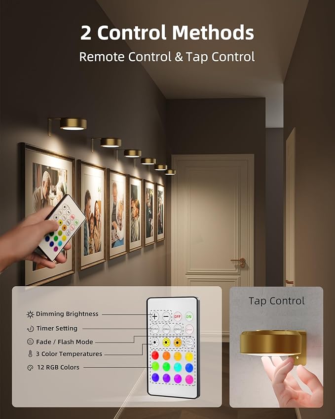 EZVALO Picture Lights for Wall, 2000mAh Rechargeable Battery Magnetic Poster Lights with 3 Color Temps & 12 RGB, Remote Dimmable Timer Painting Light, Wall Decor Light for Art Display, Frame (6 Pack)
