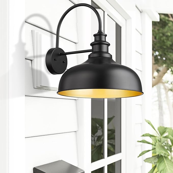 Bestshared Large Farmhouse Barn Lights 16 Inch Dome Outdoor Wall Lighting Fixture Industrial Vintage Sconces Lighting, Exterior Mount Light, Black Outdoor Wall Lantern for Porch (1Pack, Black+ Gold)