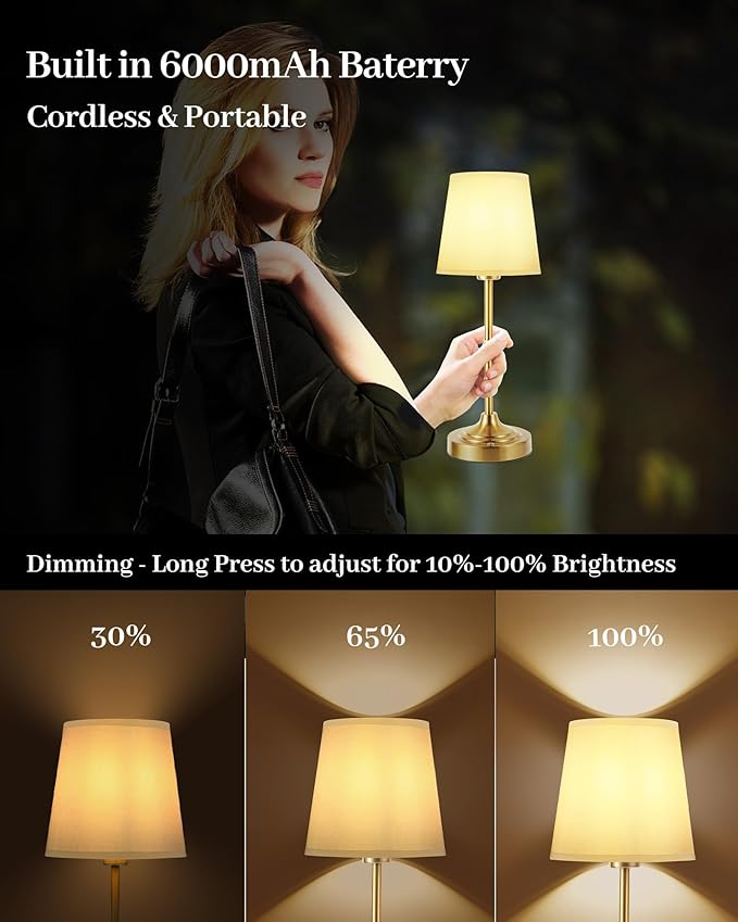Portable LED Table Lamp, Rechargeable Cordless Desk Lamp with Fabric Shade, 6000mAh Battery Powered Besides Lamp, Stepless Dimmable, 2700K Warm Ambient Light for Indoor Outdoor (Black)