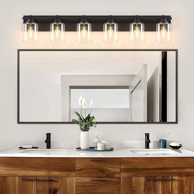 6 Light Modern Bathroom Light Fixtures Over Mirror, Black Vanity Lights for Bathroom Wall Sconces with Clear Glass Shades, E26 Socket (Bulbs Not Included)