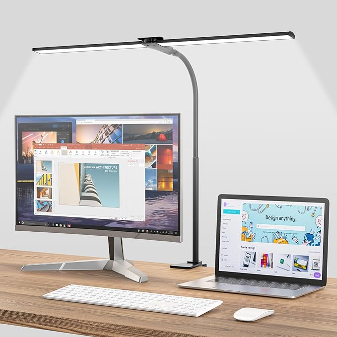 LED Desk Lamp for Home Office, Bright Double Head Desk Light with Clamp, Dimmable 5 Color Modes Task Lighting, Eye-Caring Architect Table Lamp for Workbench, Monitor, Reading, Study, 1400lm