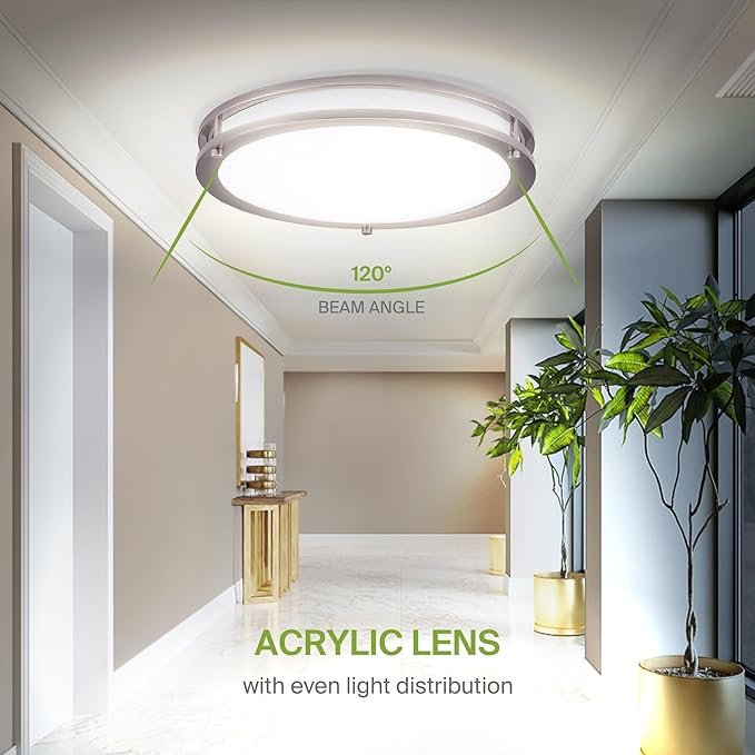 ASD LED 16" Round Flush Mount Lighting, Close to Ceiling Light Fixture | 3CCT, Dimmable, Energy Star, ETL Listed | 24W 1900LM 3000-5000K 120V | Low Profile Double Ring Lamp | Nickel, 2 Pack
