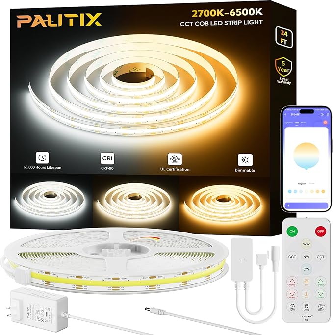 PAUTIX COB LED Strip Lights 2700K-6500K CCT Tunable White 24ft UL-Listed Dotless LED Lights Super Bright Dimmable 24V LED Tape Light with APP/RF Remote Control,Under Cabinets Bedroom Kitchen Lighting