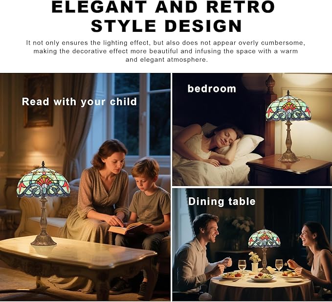 Stained Glass Table Lamp,12x12x19 Inch Antique Table Lamp for Tiffany Style Bedroom、Living Room、Home、Office Decor Lamp (Baroque)