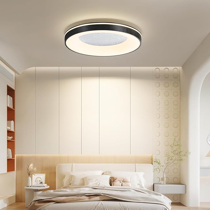 LED Flush Ceiling Light, 19in Black Round Ceiling Light Dimmable 3000K/4500K/6500K Color Recessed Lamp for Living Room, Bedroom, Office,Hallway