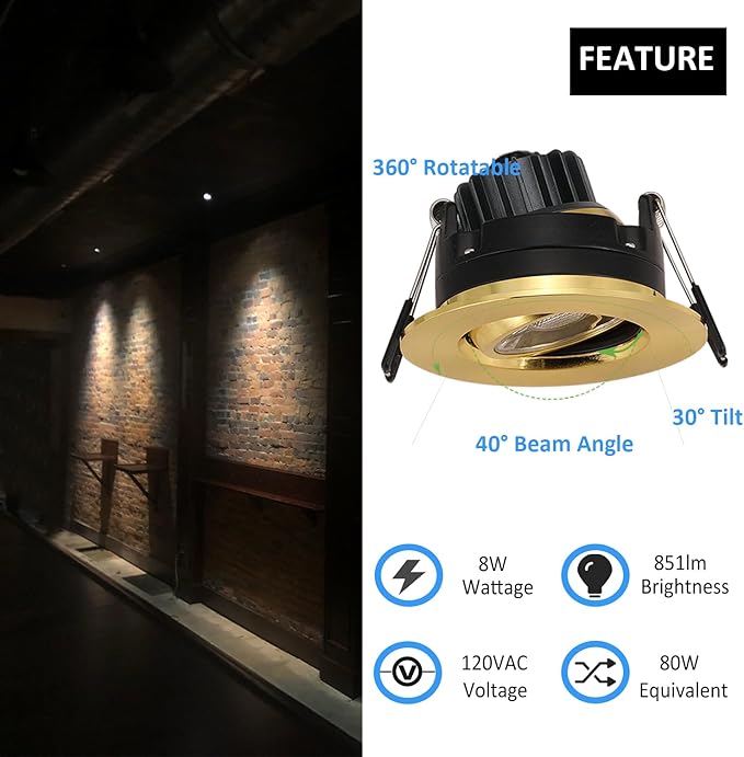 Premium Shiny Gold 3-inch LED Recessed Lights - 5 CCT 3 Inch Eyeball Ceilling Gimbal Potlight, Dimmable Recessed Lights Fixture with Junction Box, 8W CCT Adjustable, Shiny Gold, 6P