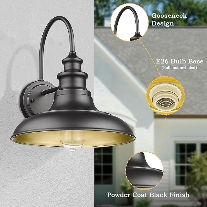 Outdoor Barn Light Fixture, 12.3 Inch Large Dome Farmhouse Wall Mount Light Wall Sconce Exterior Wall Lighting Fixture Industrial Black Finish Lantern with Gold Interior for Porch Garage Patio