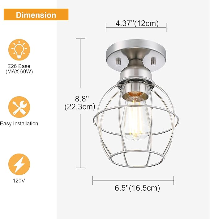 GRUENLICH Semi Flush Mount Ceiling Light Fixture for Outdoor and Indoor, E26 Medium Base 60W Max, Metal Housing and Metal Cage, Bulb not Included, 2-Pack, Nickel Finish