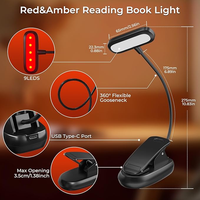 670nm Red Light Reading Book Light, Rechargeable Dimmable Blue Light Blocking Reading Lamp with Amber and Red Lighting for Kids Reading at Night in Bed, 1000mAh USB-C Charge
