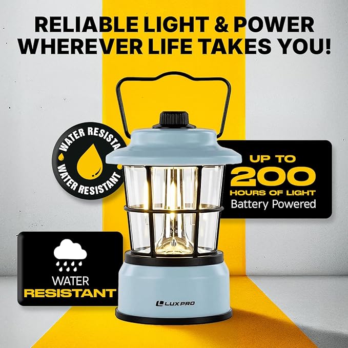 LUXPRO Retro LED Lantern - Battery-Powered Emergency Lantern - Water Resistant - Bright LED Lamp for Indoor & Outdoor Use - Use for Tents, Hiking or Hurricane Prep (Blue, Pack of 2)