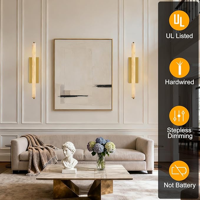 Alabaster Wall Sconce, 25" Natural Marble Wall Sconce, Gold Alabaster Single Sconces, Brass Modern Bathroom Sconces, Indoor Wall Lighting for Living Room, Bedroom, Hallway, Staircase