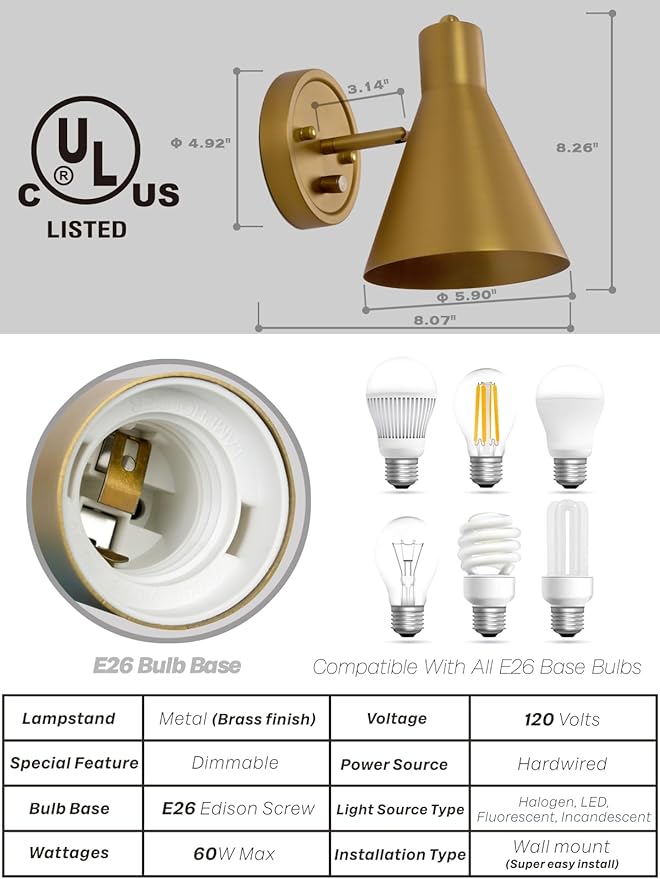 Gold Wall Sconces Set of Two, Brass Wall Sconce with Dimmable Switch Modern Bathroom Vanity Light with Metal Lampshade Adjustable Bedside Sconce Light for Bedroom Living Room Hardwired