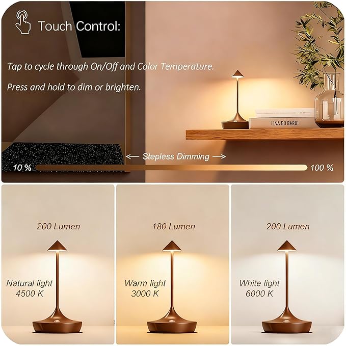 2-Pack Cordless Rechargeable LED Table Lamps, Metal, 3 Color Touch Stepless Dimmable, IP54 Waterproof Portable Battery Operated for Outdoor Dining Patio Restaurant Home Decor, (Mocha Mini)