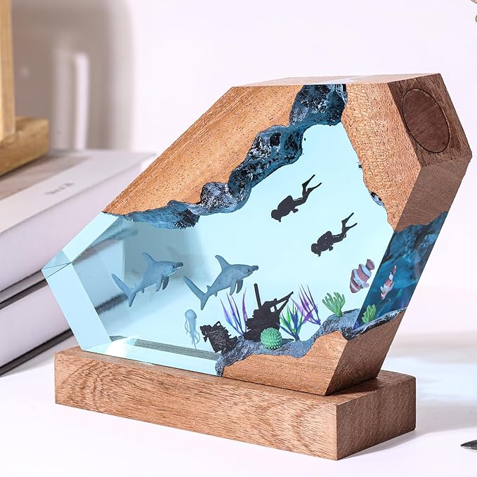 Hammerhead Shark Ocean Resin Lamp, Handmade Resin Night Light for Home Office Decor, Multi-Color LED Light with USB Port, Shark Gifts for Birthday Holiday, Valentine's Day Gifts for Him Kids (6"x4")