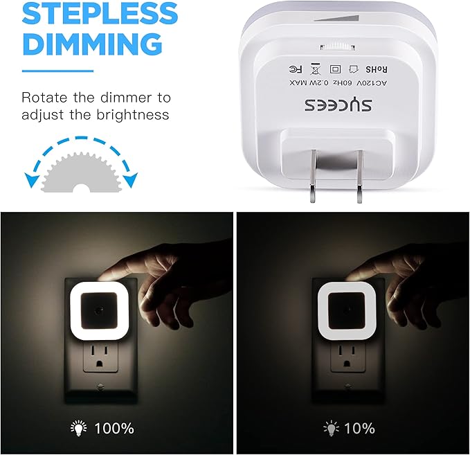 Dimmable LED Night Light with Dusk-to-Dawn Sensor for Nursery, Kids Room, Bedroom, Hallway, Stairs, Bathroom, Kitchen, Daylight White, Pack of 4