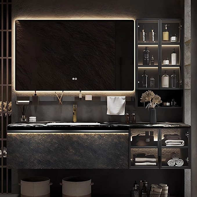 48 Inch Bathroom Vanity - Modern Luxury Bathroom Vanity with Sink Includes Textured Panels,Glass Doors,LED Smart Defog Mirror & Side Glass Cabinet with Ambient Lighting,Multifunctional Shelf