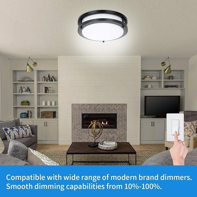 Drosbey 48W LED Flush Mount Ceiling Light Fixture, Ceiling Lights for Kitchen, Bedroom, Bathroom, Garage, Dimmable, Super Bright 5000 Lumens, 3000K/4000K/5000K Adjustable (Black), UL Listed