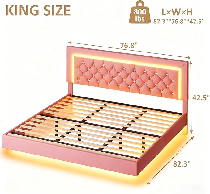 BarnFurin Floating Bed Frame King with LED Lights, Upholstered Platform Bed with Diamond Tufted Headboard, No Box Spring Needed, Noise Free, Easy Assembly, Pink