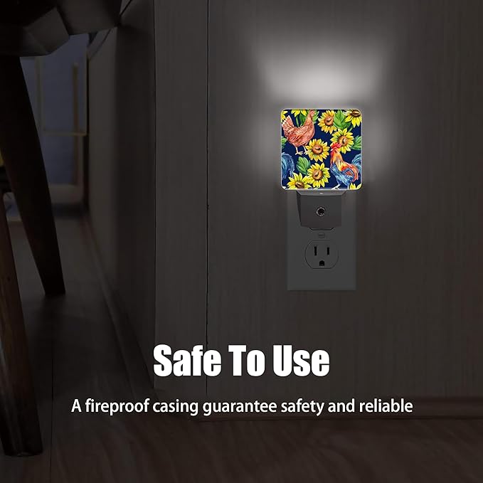Retro Hen Rooster Night Light, Sunflowers Plug into Wall with Dusk to Dawn Light Sensors, Warm Nightlights for Bedroom, Bathroom, Hallway, Kitchen, Gifts Ideal for Boys Girls Women Men