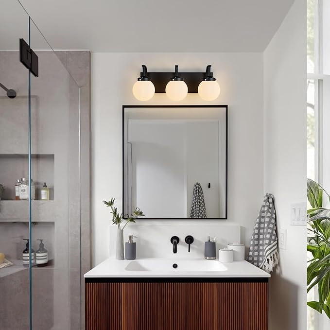 3 Lights Bathroom Vanity Light Fixtures Modern Sand Black Vanity Light with Milk White Glass Globe Shade Bathroom Lighting Over Mirror Wall Sconce for Bedroom Living Room Hallway