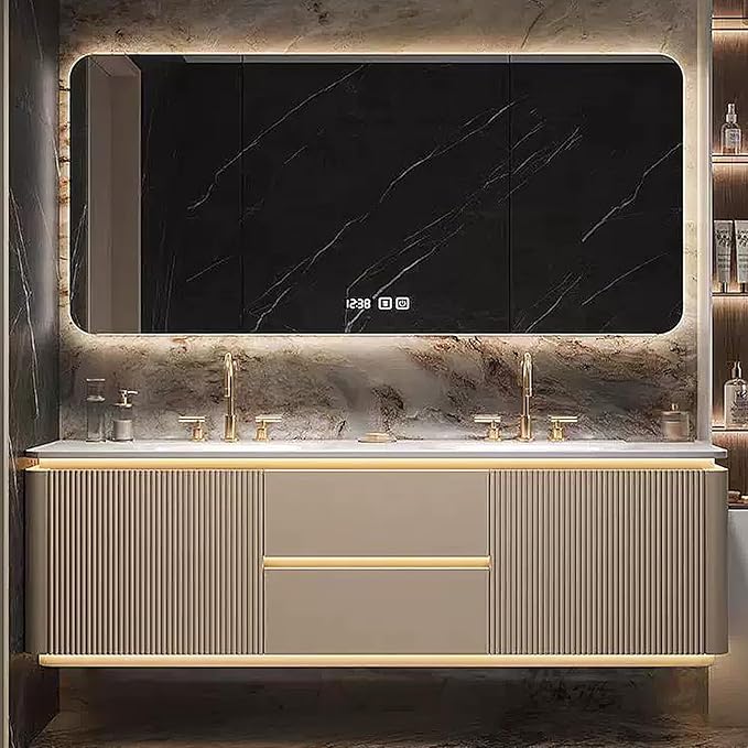64IN Double Bathroom Vanity with Sink - Ambient Lighting & Glod Slate Top | Suspended Bathroom Cabinet, LED Smart Defogger Mirror, Wall Mounted Bathroom Vanities