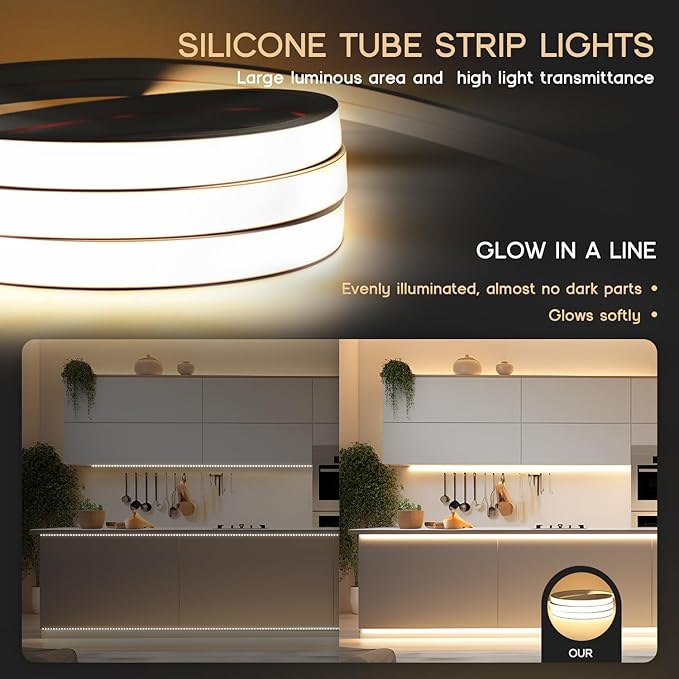 LED Strip Lights Warm White 3000K,16.4ft 110-120V Neon Rope Lights,Flexible Silicone Outdoor Waterproof Neon Strip Lights for Bedroom,Mirror,Kitchen Cabinet, Living Room,Halloween Decor