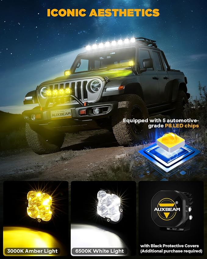 Auxbeam XP-Ultra Series Hyperspot LED Pods, 3 Inch 80W Spot Beam Offroad Lights, 9600LM Amber White Dual Color, 30° Spotlight Yellow Fog Ditch Lights, for 4x4 Jeep Ford Toyota, Pair