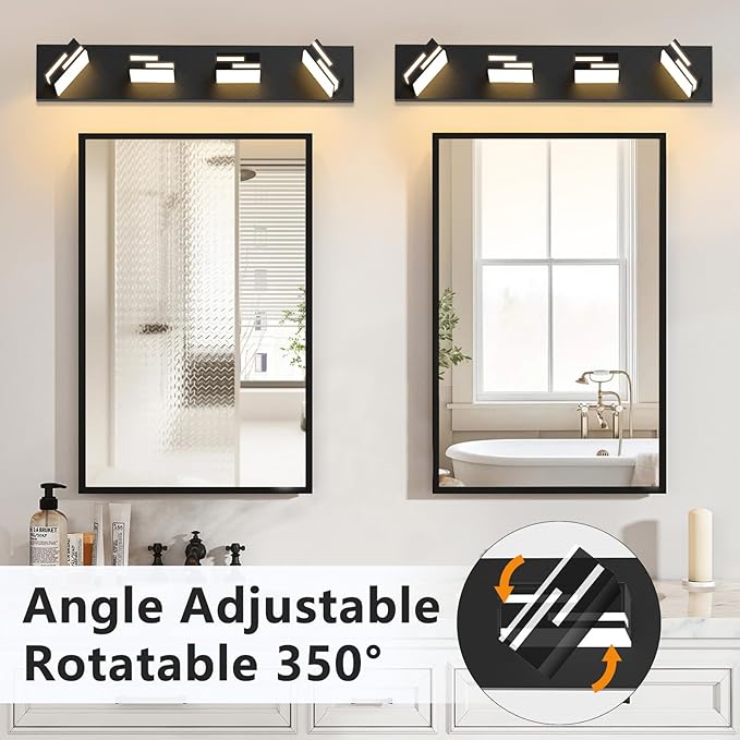 LED Modern Bathroom Vanity Light Fixtures 4-Light 5CCT Dimmable Matte Black Vanity Lights for Bathroom Lighting Fixtures Over Mirror, with 350° Rotatable Acrylic Heads, 28-inch